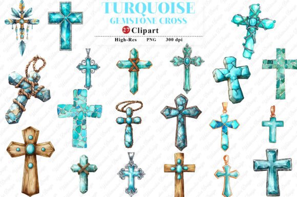 Turquoise Gemstone Cross Clipart: Illustrations for Local Branding